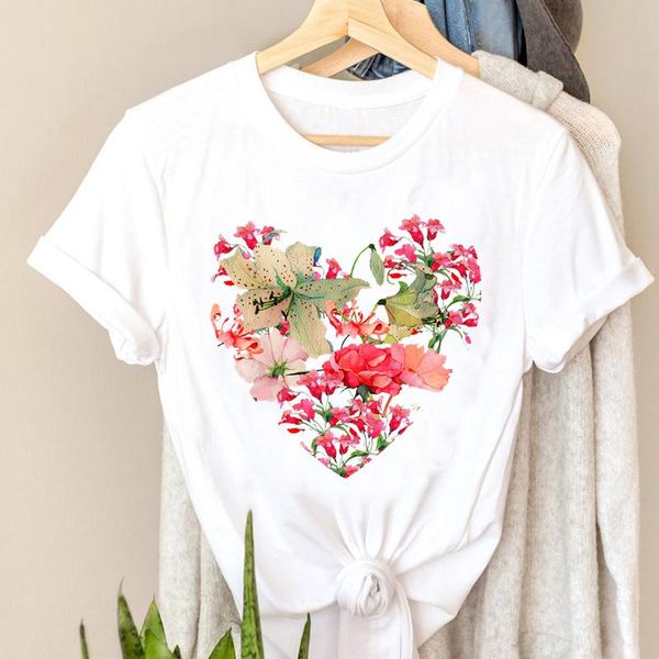women flower heart love valentine sweet t-shirt short sleeve graphic t shirts womens shirt print t-shirts tee stylish style female clothes, White