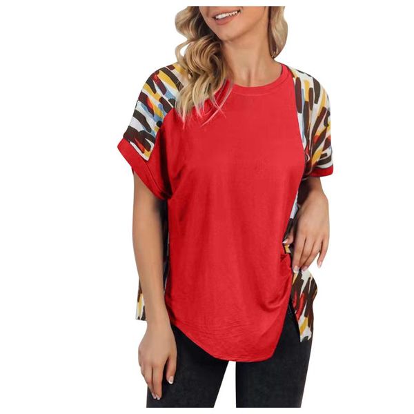 women's t-shirt short sleeve round neck loose stitching print split casual o-collar shirt ladies printing, White
women's t-shirt short sleeve round neck loose stitching print split casual o-collar shirt ladies printing, White