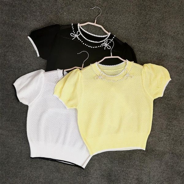 women's t-shirt 2021 summer sweet hollow knitting short sleeve slim pearl princess age reducing wear, White
women's t-shirt 2021 summer sweet hollow knitting short sleeve slim pearl princess age reducing wear, White