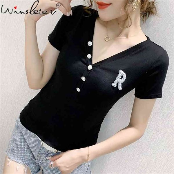 summer korean style t-shirt v-neck shiny diamonds button cotton women bottoming shirt all match tees t14701a 210421, Black;gray
summer korean style t-shirt v-neck shiny diamonds button cotton women bottoming shirt all match tees t14701a 210421, Black;gray