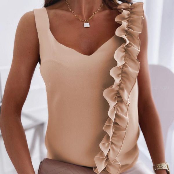 women's blouses & shirts solid ruffles sleeveless v neck casual summer blouse women, White
women's blouses & shirts solid ruffles sleeveless v neck casual summer blouse women, White