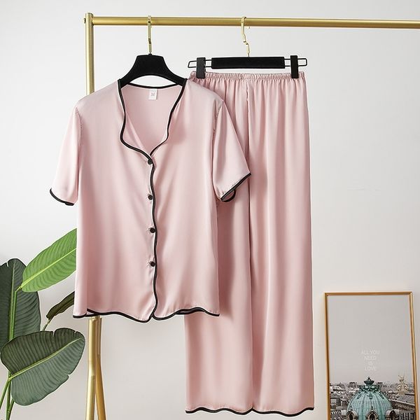 women's sleepwear short sleeve pajamas suit lady thin satin pyjamas elastic waist home clothes with buttons casual loose sleep set, Black;red
women's sleepwear short sleeve pajamas suit lady thin satin pyjamas elastic waist home clothes with buttons casual loose sleep set, Black;red