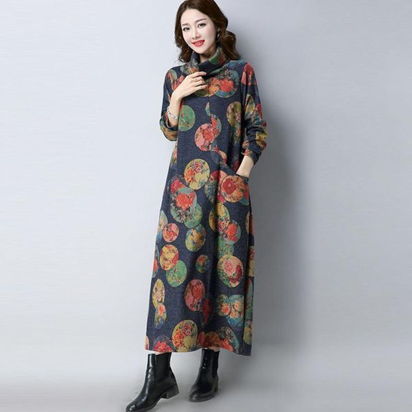 autumn vintage women's dress fashion retro floral print turtleneck long sleeve side pocket casual robe loose female dresses, Black;gray
autumn vintage women's dress fashion retro floral print turtleneck long sleeve side pocket casual robe loose female dresses, Black;gray