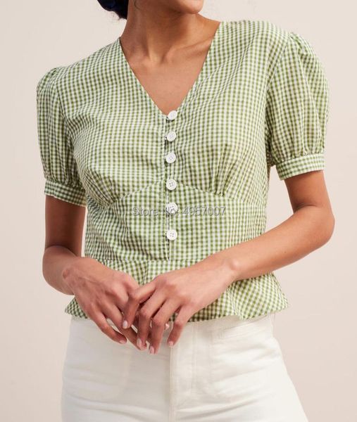 high version v neckline gathering waist gingham checkered plaid blouse shirt with puff sleeves - elfbop green/black women's blouses & s, White
high version v neckline gathering waist gingham checkered plaid blouse shirt with puff sleeves - elfbop green/black women's blouses & s, White