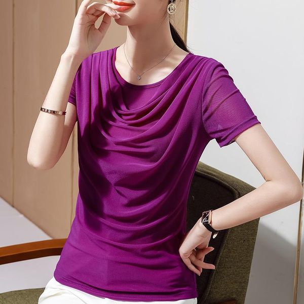 women's t-shirt 2021 summer solid color pleated shirt fashion casual short sleeve mesh elegant slim plus size purple women, White
women's t-shirt 2021 summer solid color pleated shirt fashion casual short sleeve mesh elegant slim plus size purple women, White