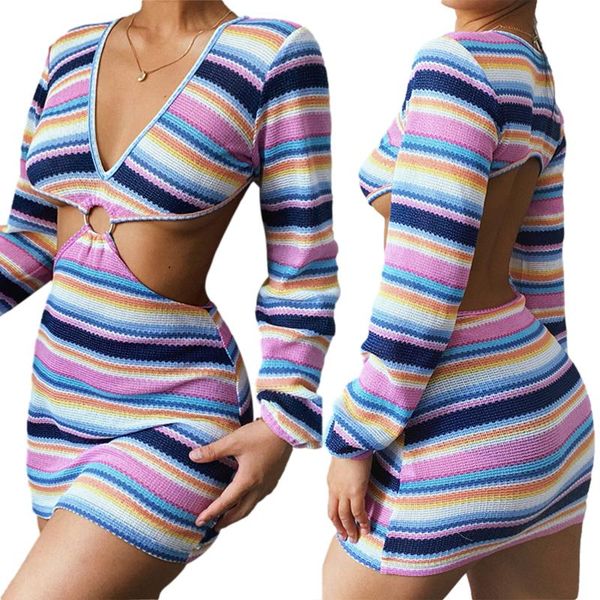women's swimwear 2021 ladies v-neck short dress cover up women temperament mixed color stripes long sleeve waist hollow knitted skirt, White;black
women's swimwear 2021 ladies v-neck short dress cover up women temperament mixed color stripes long sleeve waist hollow knitted skirt, White;black