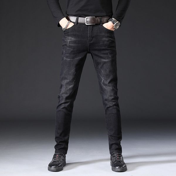 black jeans pants fashion brand embroidery hole korean straight elastic leg mens casual, Blue