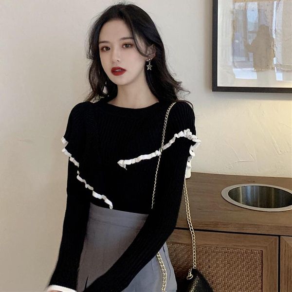 women's sweaters tide chic hit color ruffles patchwork women o neck long sleeve elastic knit sweater sweet fresh bottoming pullover, White;black
women's sweaters tide chic hit color ruffles patchwork women o neck long sleeve elastic knit sweater sweet fresh bottoming pullover, White;black