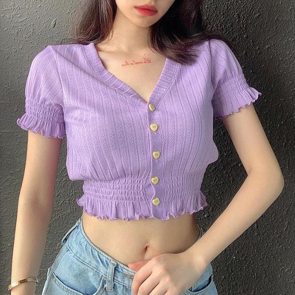 women's t-shirt tank crop women button knitted short sleeve korean style ribbed trendy chic streetwear purple summer, White
women's t-shirt tank crop women button knitted short sleeve korean style ribbed trendy chic streetwear purple summer, White