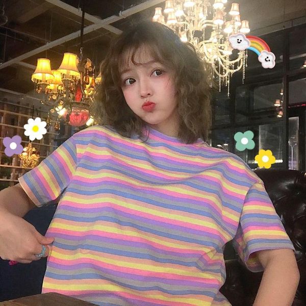 women's t-shirt casual loose cute rainbow striped tshirts harajuku ulzzang lovely female sweet ins chic kawaii tshirt for women, White
women's t-shirt casual loose cute rainbow striped tshirts harajuku ulzzang lovely female sweet ins chic kawaii tshirt for women, White