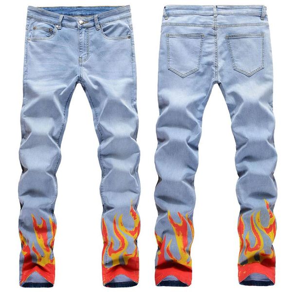men's jeans 2021 summer fashion flame print patterned slim stretch men graffiti punk rock streetwear hip hop pants, Blue
men's jeans 2021 summer fashion flame print patterned slim stretch men graffiti punk rock streetwear hip hop pants, Blue