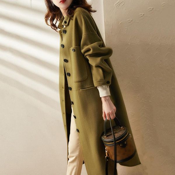 women's wool & blends [ewq autumn winter women middle long korean simple single breasted lapel coat loose thin woolen female 2021 16e29, Black 
women's wool & blends [ewq autumn winter women middle long korean simple single breasted lapel coat loose thin woolen female 2021 16e29, Black