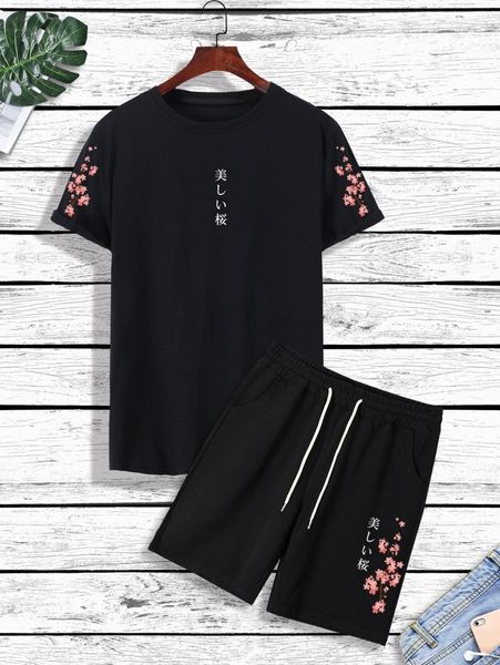 men japanese letter & floral print tee & drawstring waist shorts b5tb#, Gray 
men japanese letter & floral print tee & drawstring waist shorts b5tb#, Gray
