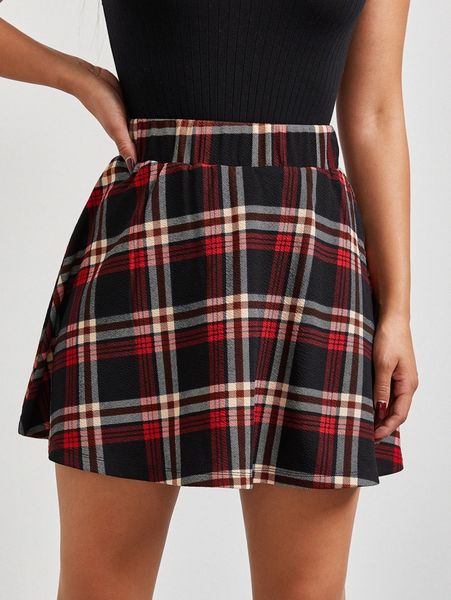 plaid print flare skirt o7fj#, Black 
plaid print flare skirt o7fj#, Black