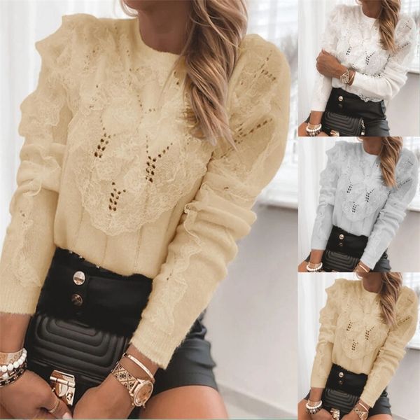 mesh lace stitched knitted sweater, White;black