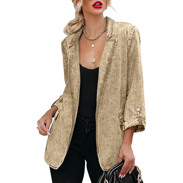 women's trench coats autumn and winter loose denim cardigan blazer, Tan;black