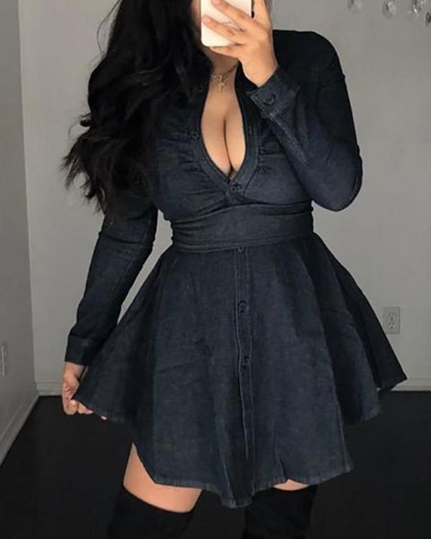 casual dresses solid plunge buttoned ruffle denim dress with belt women bowknot deep v neck long sleeve winter autumn, Black;gray
casual dresses solid plunge buttoned ruffle denim dress with belt women bowknot deep v neck long sleeve winter autumn, Black;gray