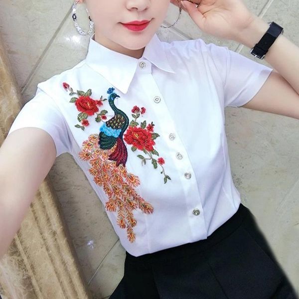 women's blouses & shirts s-4xl short-sleeve women blouse shirt elegant summer plus size clothing fashion peacock embroidery pattern whi, White
women's blouses & shirts s-4xl short-sleeve women blouse shirt elegant summer plus size clothing fashion peacock embroidery pattern whi, White