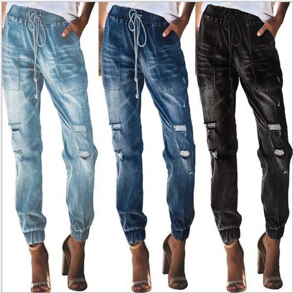 women's jeans fashion design style ripped casual lace-up cotton denim pants loose straight long trousers, Blue
women's jeans fashion design style ripped casual lace-up cotton denim pants loose straight long trousers, Blue
