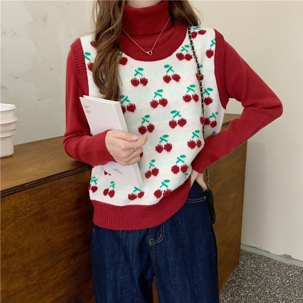 neploe fall clothes korean fashin cherry sweater vest o-neck sleeveless knitted pullovers waistcoat loose sweet tank female 210422, White;black 
neploe fall clothes korean fashin cherry sweater vest o-neck sleeveless knitted pullovers waistcoat loose sweet tank female 210422, White;black