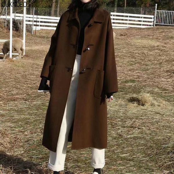 women's wool & blends woman long coat horn button solid color woolen warm winter korean commuter style fashion retro thick women windbr, Black
women's wool & blends woman long coat horn button solid color woolen warm winter korean commuter style fashion retro thick women windbr, Black