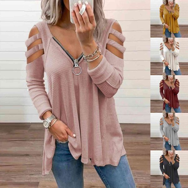 v neck zipper solid women blouses color long sleeve autumn fashion casual ladies hollow strapless tunic, White
v neck zipper solid women blouses color long sleeve autumn fashion casual ladies hollow strapless tunic, White