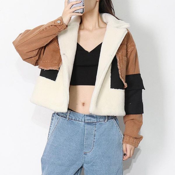 women's jackets winter patchowrk lambswool thickened denim jacket women lapel long sleeve fashion one button coat female warm jeans, Black;brown
women's jackets winter patchowrk lambswool thickened denim jacket women lapel long sleeve fashion one button coat female warm jeans, Black;brown