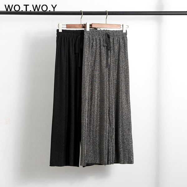 women's pants & capris wotwoy shiny lurex wide leg women knitted high waist loose solid drawstring casual trousers femme summer 2021, Black;white
women's pants & capris wotwoy shiny lurex wide leg women knitted high waist loose solid drawstring casual trousers femme summer 2021, Black;white
