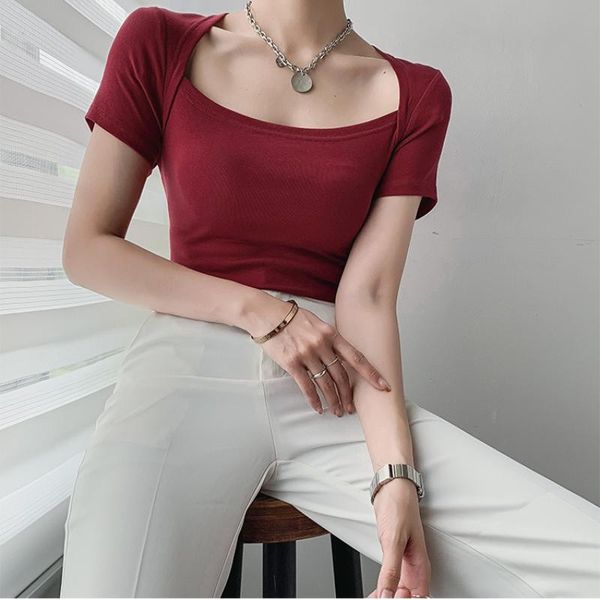 women's t-shirt women retro big square collar short sleeve summer solid color cotton elastic slim tee shirt female elagant, White
women's t-shirt women retro big square collar short sleeve summer solid color cotton elastic slim tee shirt female elagant, White