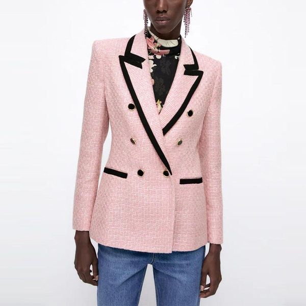 women's suits & blazers 2021 elegant pink textured blazer women long sleeve contrast piping double breasted woman fashion cute coat out, White;black
women's suits & blazers 2021 elegant pink textured blazer women long sleeve contrast piping double breasted woman fashion cute coat out, White;black