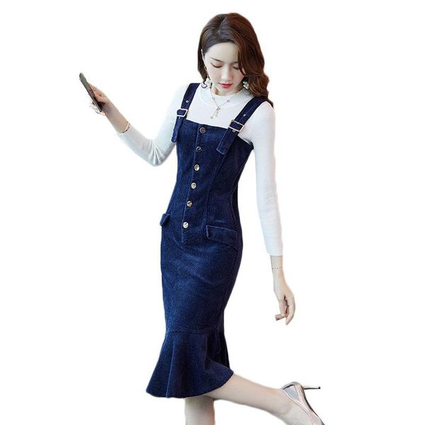 two piece dress autumn winter women's knitted long sleeved + corduroy strap female slim fishtail vestidos w1741, White
two piece dress autumn winter women's knitted long sleeved + corduroy strap female slim fishtail vestidos w1741, White