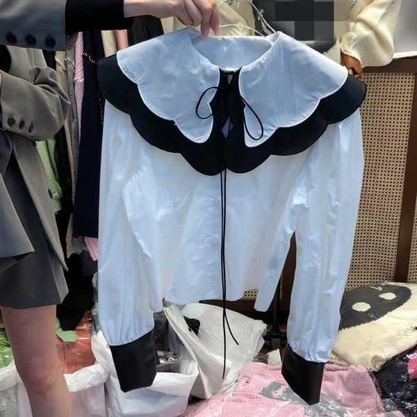 women's blouses & shirts fall korean fashion ruffled women designed contrast color long sleeve 2021 lace up elegant femme, White
women's blouses & shirts fall korean fashion ruffled women designed contrast color long sleeve 2021 lace up elegant femme, White