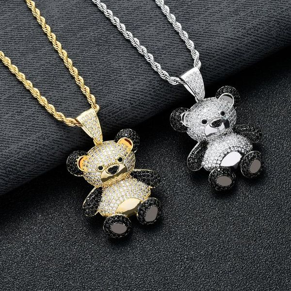 cute cartoon panda hip hop gilded iced out cubic zircon copper pendant necklace 24'' chain fashion charms jewelry necklaces, Silver