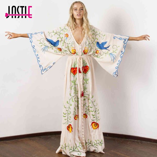dresses embroidered women maxi v-neck batwing sleeve loose plus size summer es drawstring waist boho beach vestidos sff0, Black;gray 
dresses embroidered women maxi v-neck batwing sleeve loose plus size summer es drawstring waist boho beach vestidos sff0, Black;gray