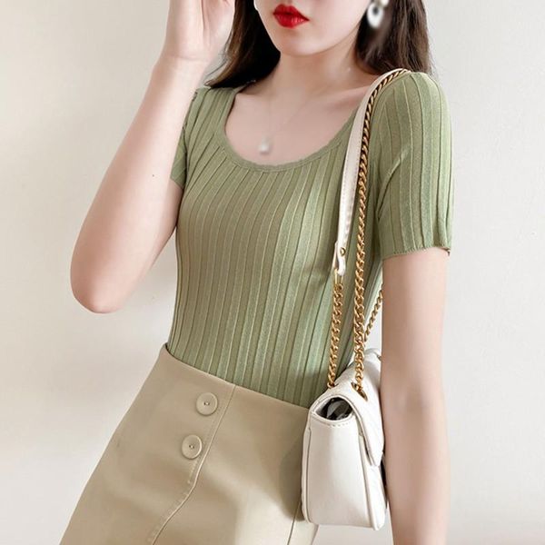 women's t-shirt o summer round neck slim simple wild ice silk knitted short-sleeved top, White
women's t-shirt o summer round neck slim simple wild ice silk knitted short-sleeved top, White