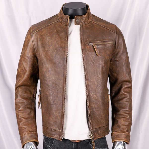 men's leather & faux genuine cowhide vintage brown real jacket short slim stand collar coat, Black
men's leather & faux genuine cowhide vintage brown real jacket short slim stand collar coat, Black