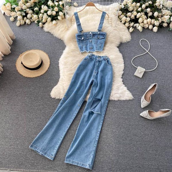 women's two piece pants zcwxm women summer retro denim suits sleeveless single breasted strap short +design hole long jeans set, White
women's two piece pants zcwxm women summer retro denim suits sleeveless single breasted strap short +design hole long jeans set, White
