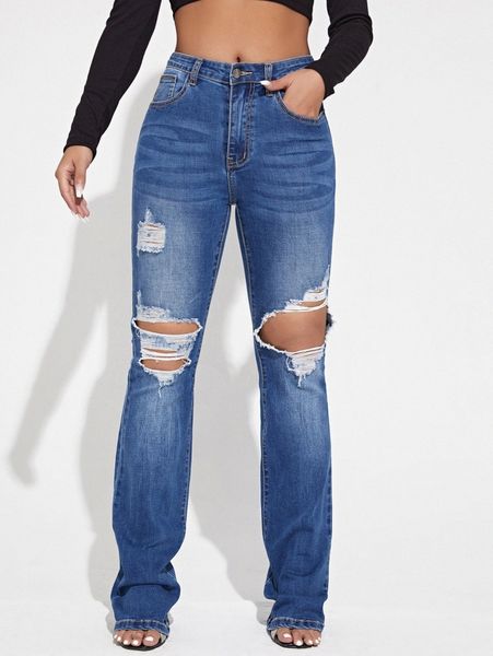 zipper fly ripped boyfriend jeans u4bt#, Blue
