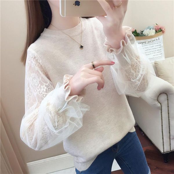 women's sweaters pullover sweater women loose lace sleeve knit christmas jumper, White;black
women's sweaters pullover sweater women loose lace sleeve knit christmas jumper, White;black