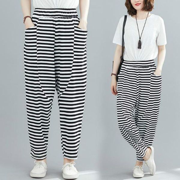 women's pants & capris loose women cross-pants striped artistic casual capri harem summer stitching elastic art retro, Black;white
women's pants & capris loose women cross-pants striped artistic casual capri harem summer stitching elastic art retro, Black;white