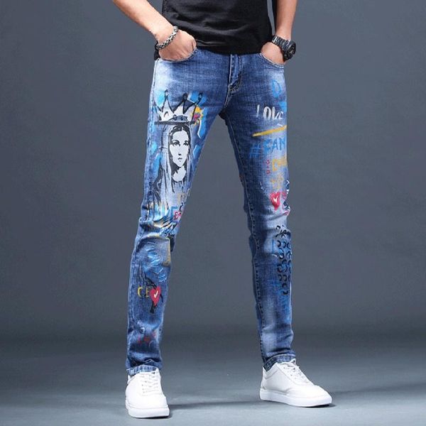 men's jeans letter beauty printed graffiti pattern coloured drawing paiting stretch denim pants slim nightclubs singers trousers, Blue
men's jeans letter beauty printed graffiti pattern coloured drawing paiting stretch denim pants slim nightclubs singers trousers, Blue