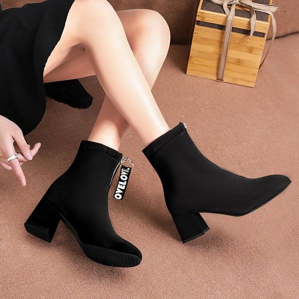 boots women zipper solid color winter shoes high hells black suede flock square heel ankle zapatos para mujer size43
boots women zipper solid color winter shoes high hells black suede flock square heel ankle zapatos para mujer size43
