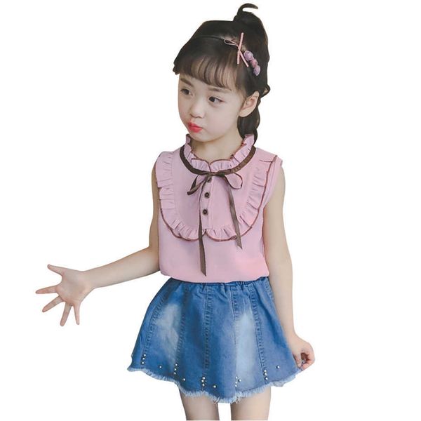 children clothes vest + denim skirt tracksuits for girls casual style girl summer 's 210528, White 
children clothes vest + denim skirt tracksuits for girls casual style girl summer 's 210528, White