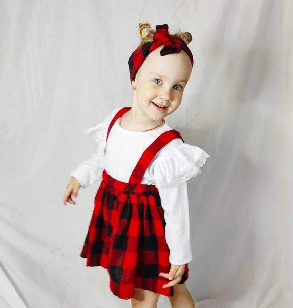 -selling three sets girls skirt suit solid color long-sleeved t-shirt + plaid suspender headband two colors clothing, White
-selling three sets girls skirt suit solid color long-sleeved t-shirt + plaid suspender headband two colors clothing, White