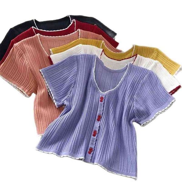women knitted tshirts female buttons up front cute crop short sleeve v neck flounce edge or summer 210518, White
women knitted tshirts female buttons up front cute crop short sleeve v neck flounce edge or summer 210518, White