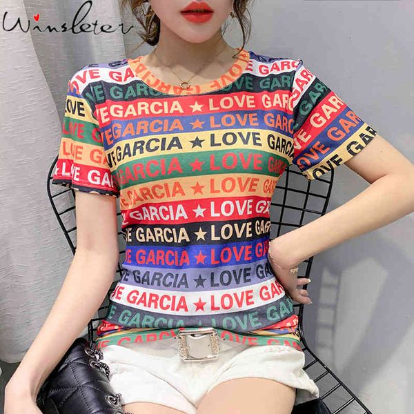 women's t-shirt summer korean style t-shirt fashion o-neck raiow striped print letter women short sleeve ropa mujer casual te, White
women's t-shirt summer korean style t-shirt fashion o-neck raiow striped print letter women short sleeve ropa mujer casual te, White