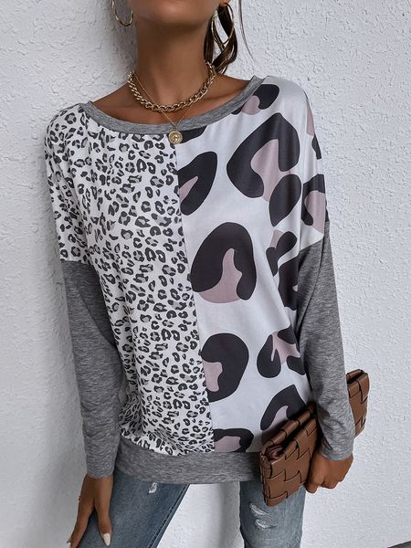 women long sleeve t-shirts womens leopard print cotton tunic patchwork casual tees pullover blouse t shirt, White