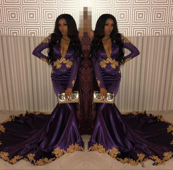 deep v neck long sleeves mermaid evening dresses with gold appliques sweep train backless formal prom party gowns, Black;red
deep v neck long sleeves mermaid evening dresses with gold appliques sweep train backless formal prom party gowns, Black;red