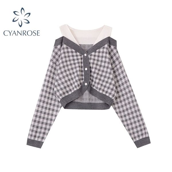 autumn vintage plaid cardigan sweater women fake two piece short knitted v-neck long sleeve woman jumper knitwear crop 210515, White
autumn vintage plaid cardigan sweater women fake two piece short knitted v-neck long sleeve woman jumper knitwear crop 210515, White