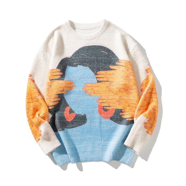men's sweaters lazy style sweater ins creativity cartoon student loose yarn-dyed couple knit pullovers o neck men women, White;black
men's sweaters lazy style sweater ins creativity cartoon student loose yarn-dyed couple knit pullovers o neck men women, White;black